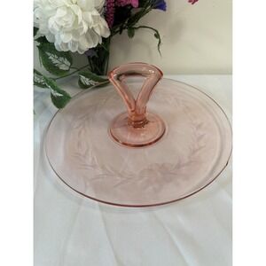 Vintage Pink Depression‎ Glass Etched Handle Serving Platter